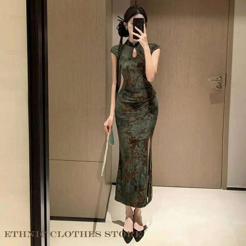 Qipao Vintage Green Floral Bodycon Cheongsam Sexy Improved Chinese Female Vestidos Evening Party Dress DREAM RECALL