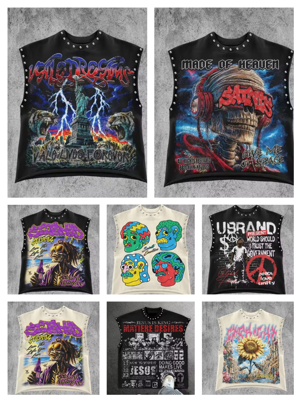 2025 punk graffiti print sport loose black sleeveless vest top y2k street design retro T-shirt without rivets