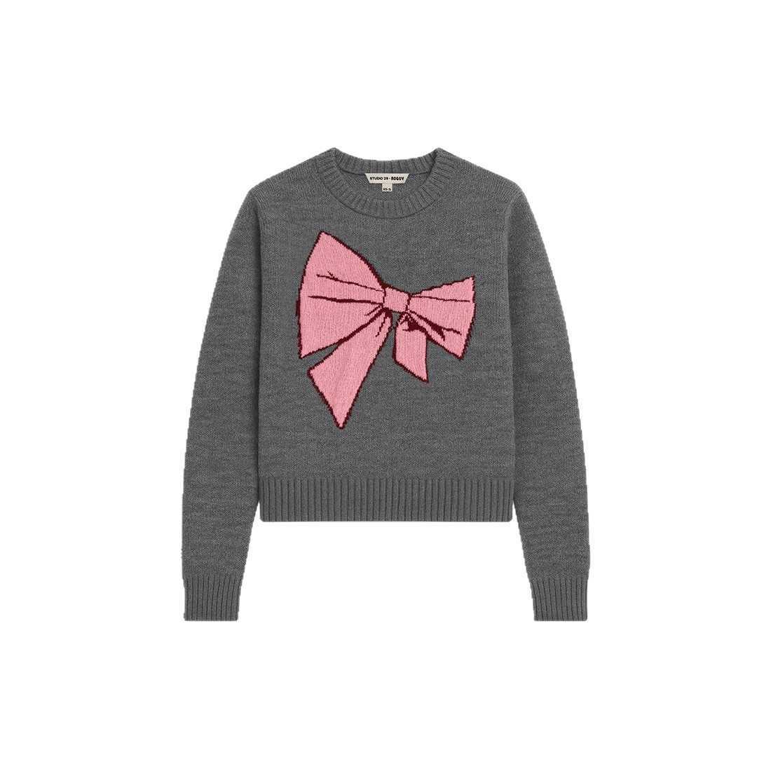 European American Style Bow Jacquard Pullover Sweater for Women Autumn/Winter Cropped Loose Fit Fashionable Gray Knit Top