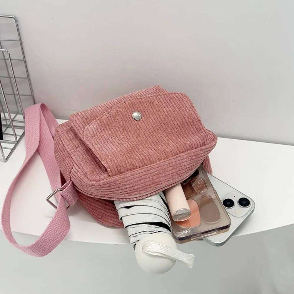 New Corduroy Striped Crossbody Simple Design Solid Colour Shoulder Bags Adjustable Strap Lady's Square Bag for Casual Wear