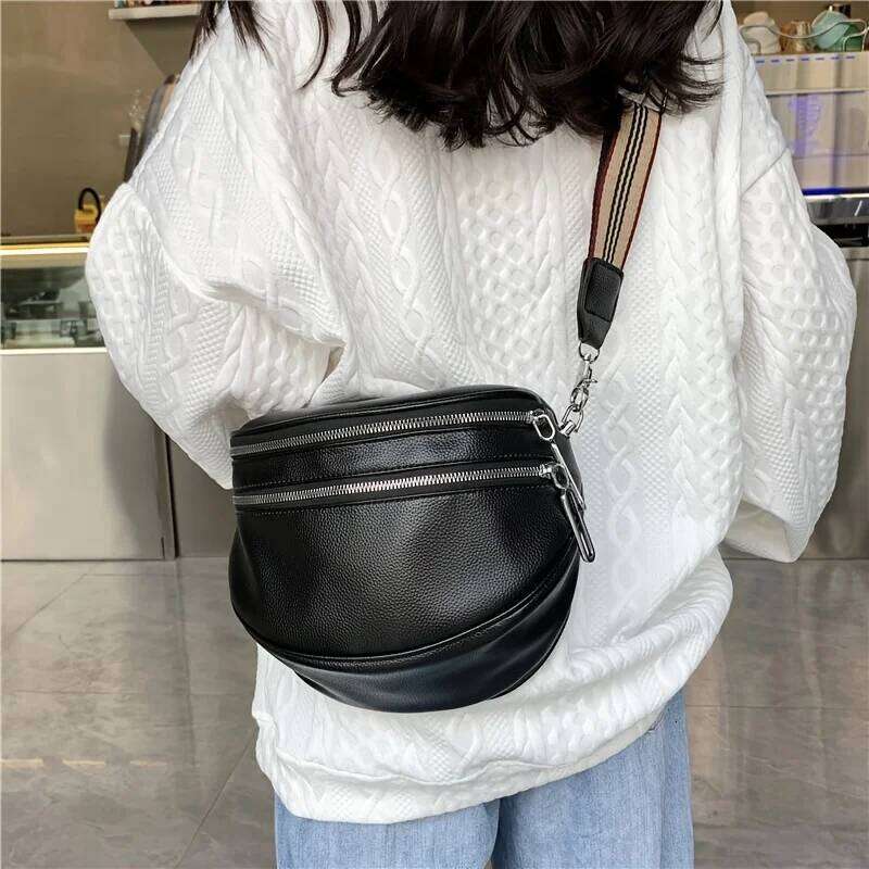 High Looks, Simple Fashion, Double Zipper Fanny Pack Daily Commuting with A Wide Strap Leather Shoulder Bag