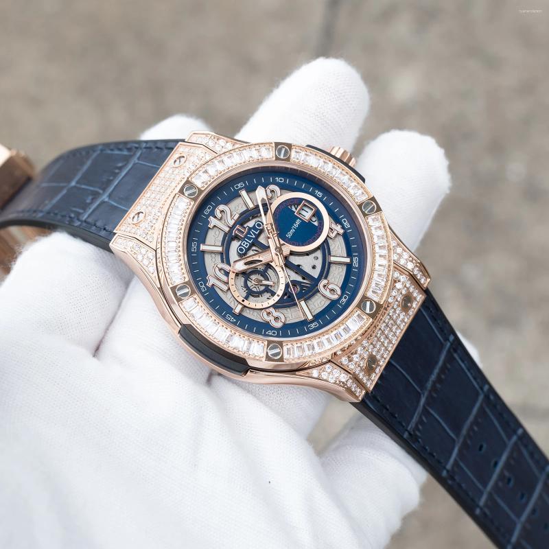 Wristwatches OBLVLO Rose Gold Skeleton Mechanical Watch Automatic Luxury Clock With Date Display Miyota Movement Diamonds Leather Strap