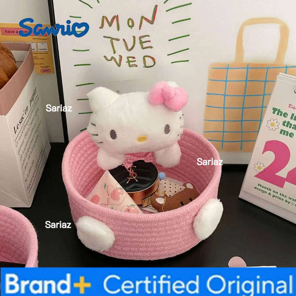 Sanrio New Hello Kitty 50th Anniversary Cosmetics Box Accessories Handmade Cotton Rope Weaving Storage Basket Desktop Girl Gift H260129