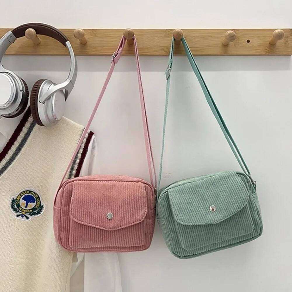 New Corduroy Striped Crossbody Simple Design Solid Colour Shoulder Bags Adjustable Strap Lady's Square Bag for Casual Wear