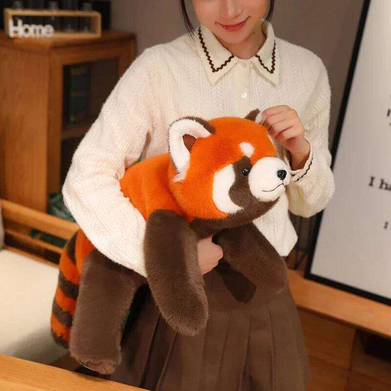 30-60cm New Stuffed Anime Figure Turned Panda Plushie Doll Fluffy Hair Red Raccoon Animals Hug Throw Pillow Kids Y260128