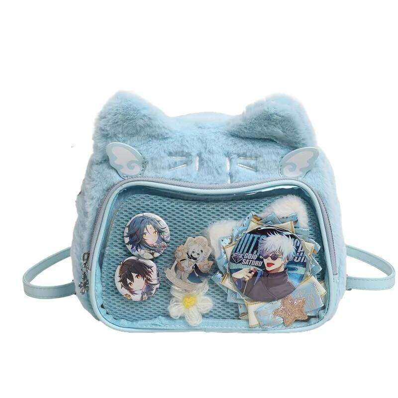 Cross-border plush double shoulder messenger bag student party soft cute cat small food allowance suede pain b