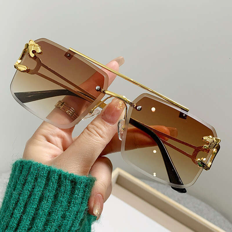 Luxury Sunglasses Light Tiger Head Large Frame Metal Square Cut Edge Rimless Retro Bold Style for Driving and Outdoor Gift High Quality 1 Texture