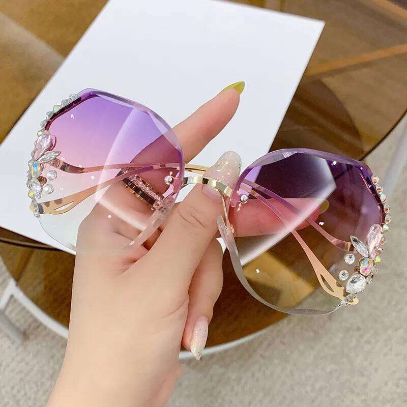 Women's New Diamond Rimless Cut Edge Big Face Slimming Sunglasses H260129
