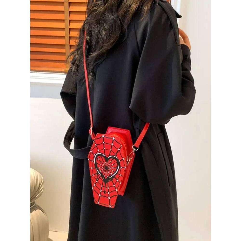 Women Fashion Shoulder Large Capacity Coffin Shaped Casual Satchel Adjustable Strap Spider Web PU Leather Chic Hobo Bag