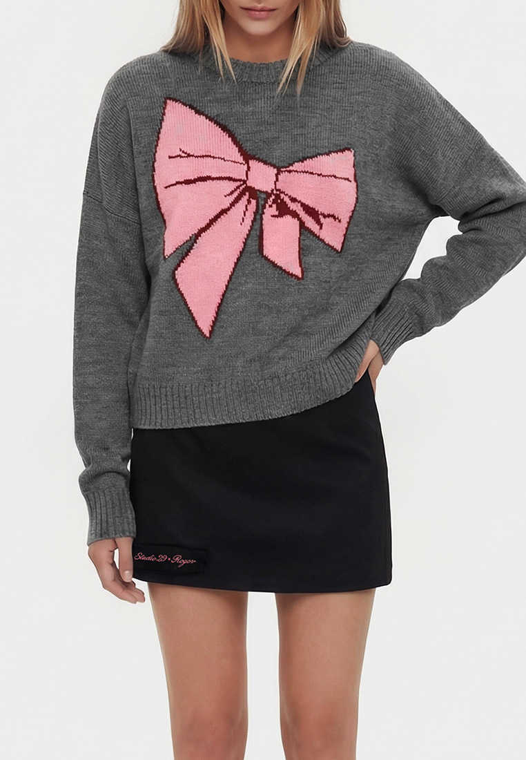 European American Style Bow Jacquard Pullover Sweater for Women Autumn/Winter Cropped Loose Fit Fashionable Gray Knit Top