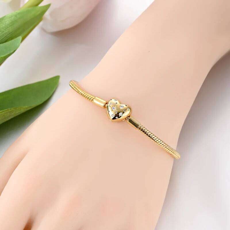 925 Sterling Silver Bracelets 17-20CM Original Golden Sparkling Heart Shaped Bracelet Fit DIY Charms Beads Fashion Women Jewelry H260129