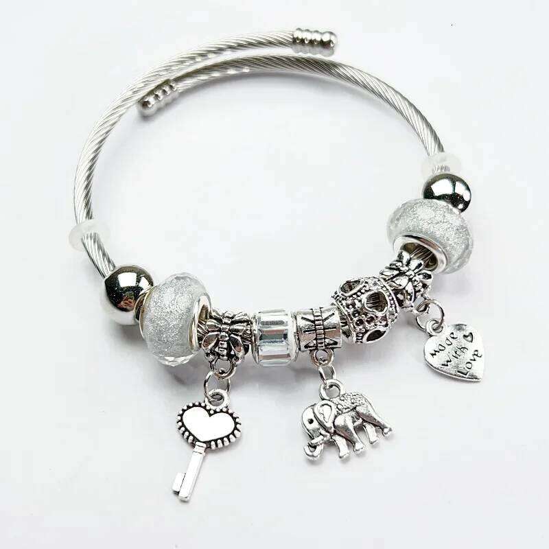 Adjustable Silver Color Alloy Elephant Heart Pendant Artificial Zircon Bangle Round Bead Bracelet Cuff for Women Elegant Wedding H260129