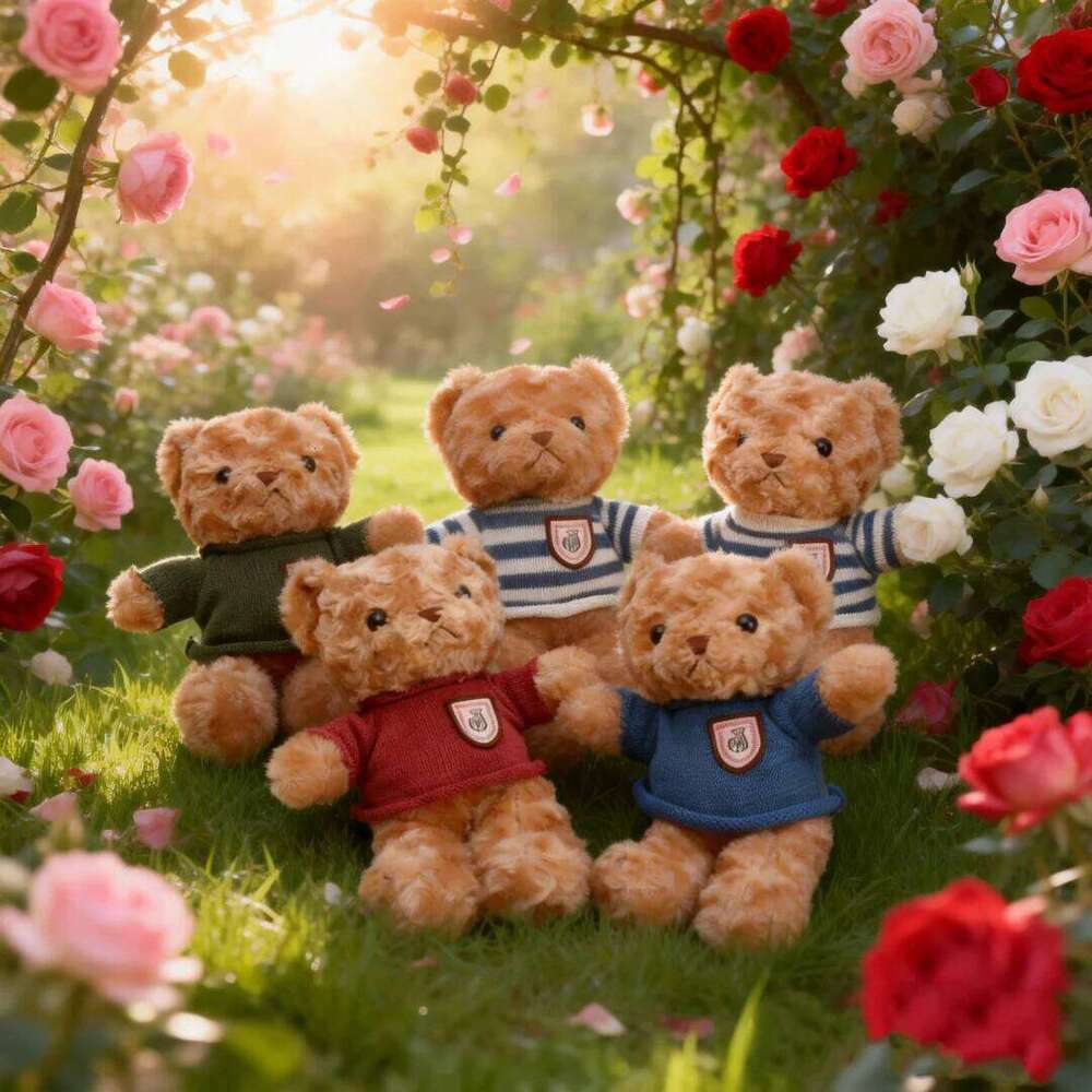 Kawaii Rose Patterned Teddy Wearing Stuffed Animal Soft Sweater Bear Valentine's Day Romantic Gift For Girlfriend Y260128