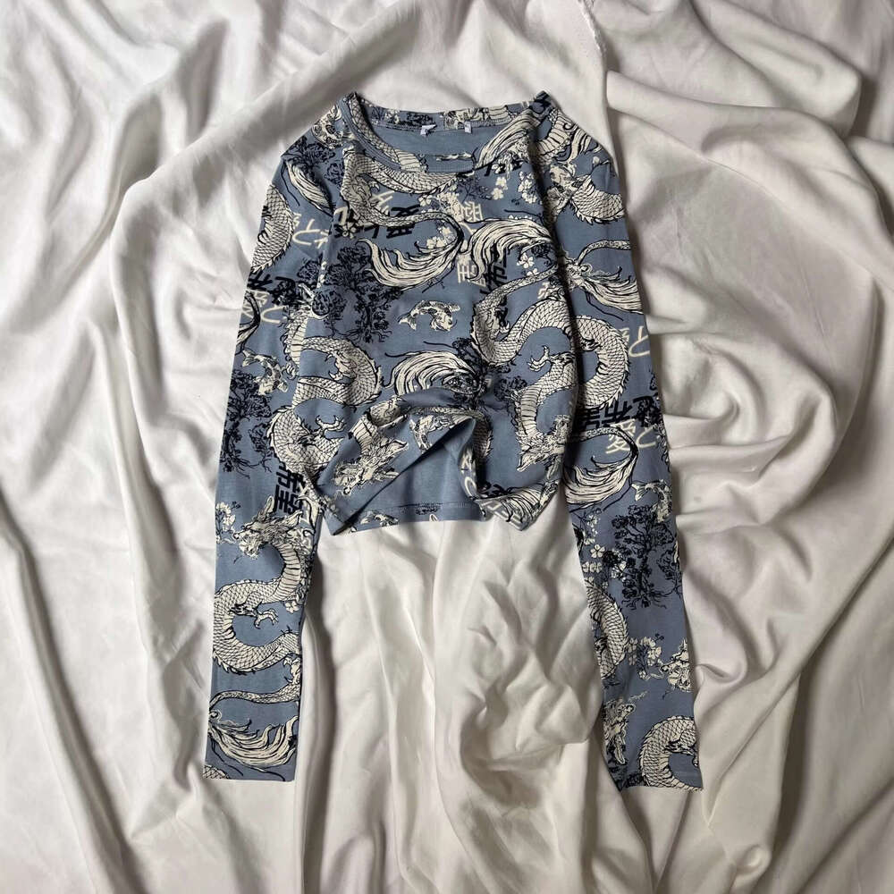 2025 Fashion Trend Women's Stylish Dragon Printed Crop Tops Long Sleeve High Collar Slim T-shirt Skinny Tees for Spring Autumn