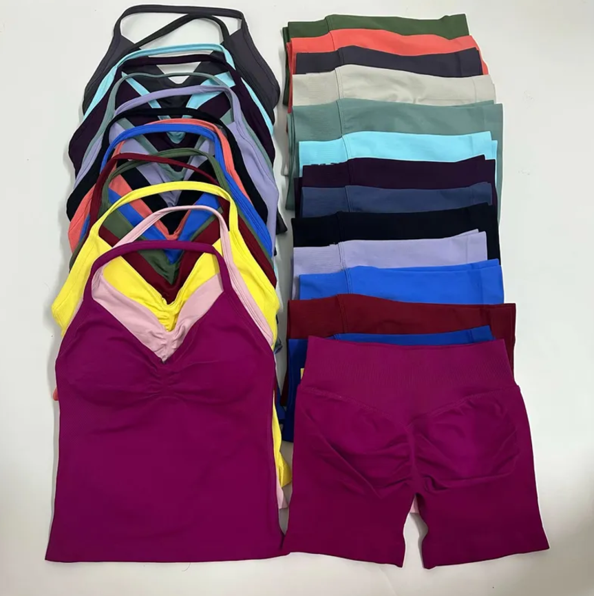 US Stock Yoga Set Shorts legging set Women Seamless Yoga Set Fitness Clothing Scrunch Bum Gym Shorts Padded Tank Top Vest Longline Outfits Sportswear