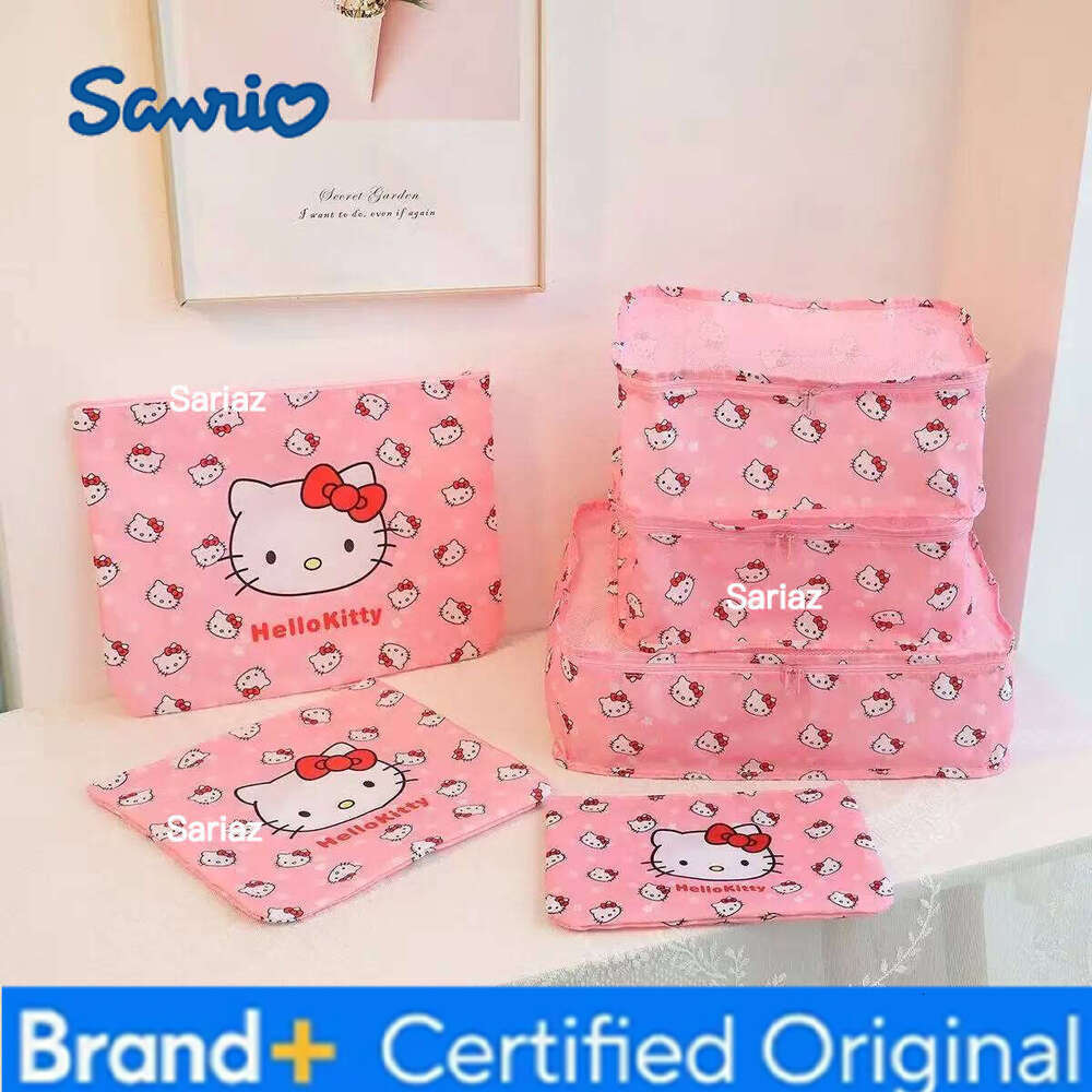 Sanrio 6pcs Set of Kawaii Japanese Angel Classification Cartoon Korean Fashion Pink Bow Cat Travel Storage Bag Gift H260129