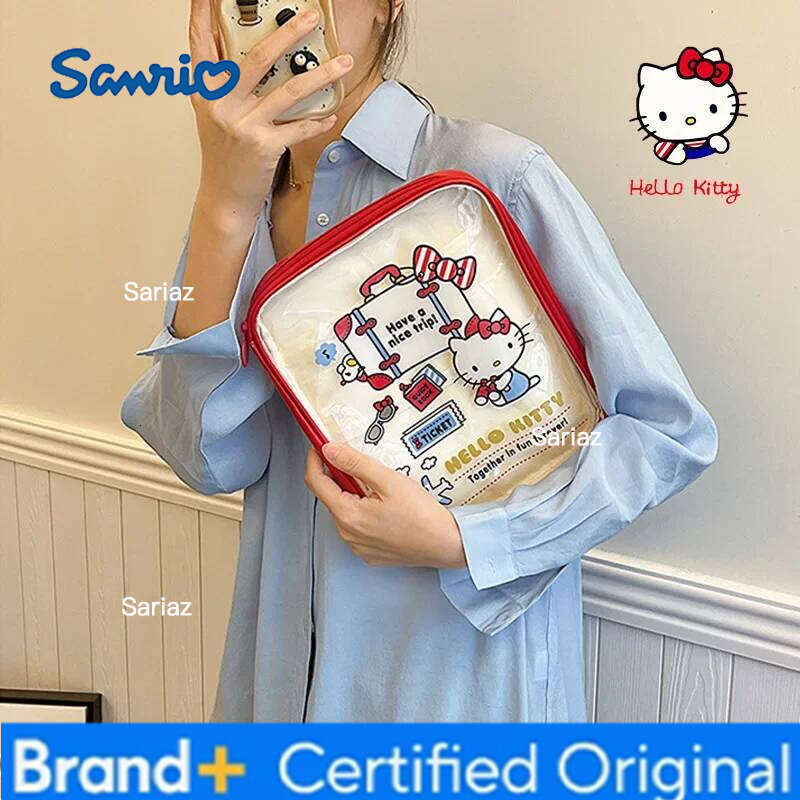 Sanrio New Hello Kitty Cartoon Handheld Transparent Pvc Large Capacity Tablet Storage Portable Visual Women'S Makeup Bag H260129