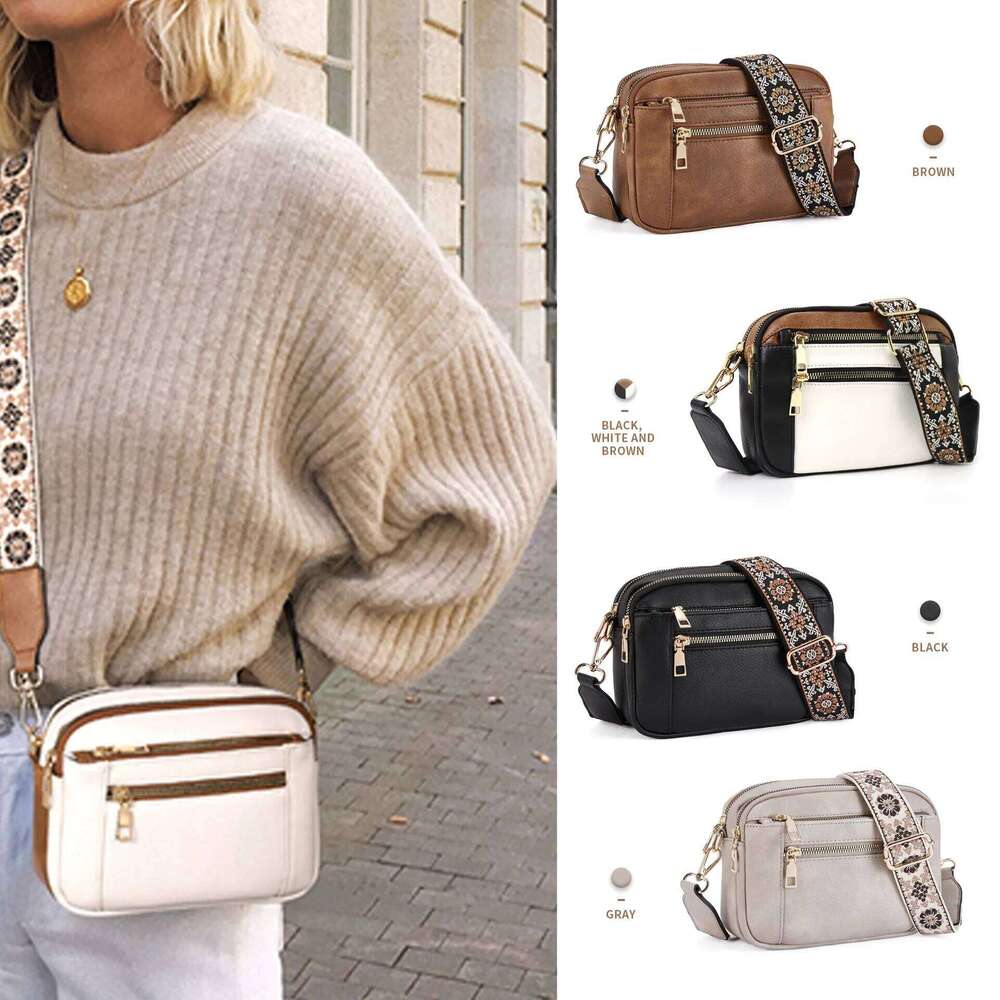 Stylish Wide Strap Leather Crossbody States Color Matching Zipper Small Square Shoulder Bag Suitable for Daily Use XJ260129