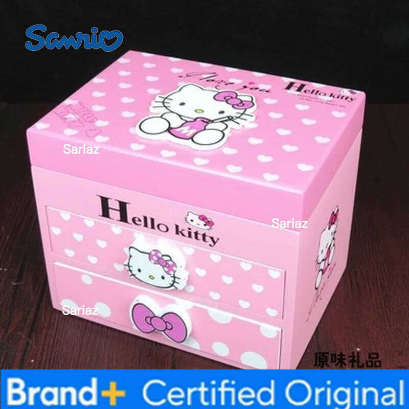 Sanrio Kawaii Hello Kitty Cartoon Pink Storage Children Jewelry Music Cosmetic Box Wooden Bedside Cupboard Gift H260129