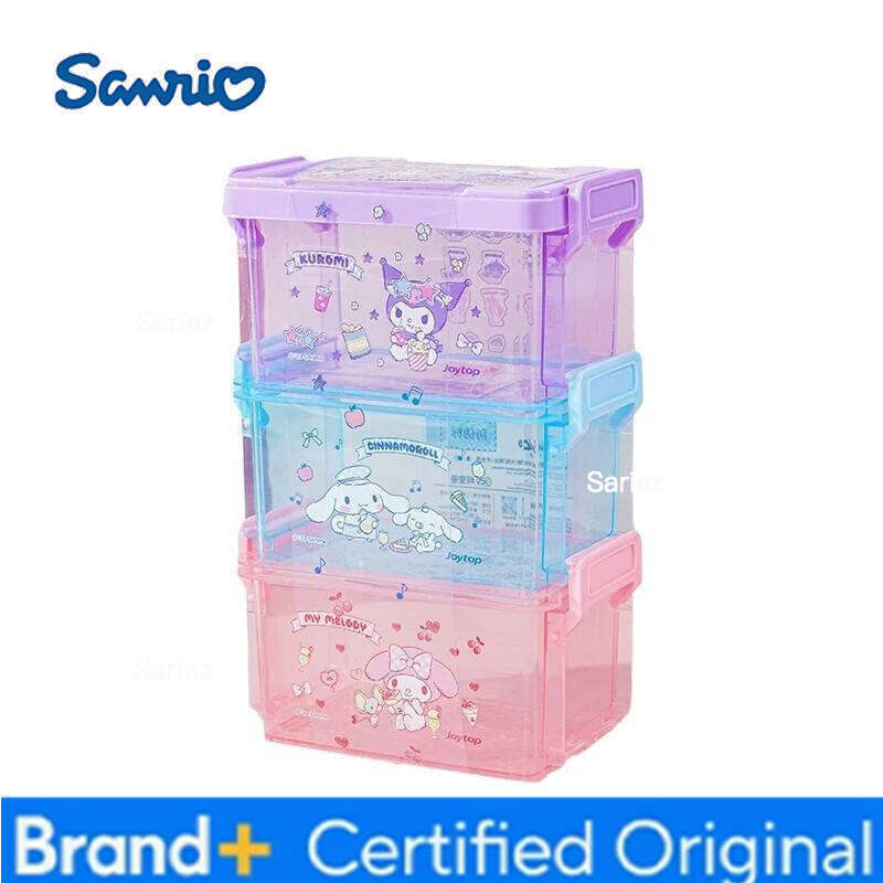 Sanrio Kawaii Cinnamoroll Three Layers Storage Kuromi My Melody Desktop Cosmetic Jewelry Snack Folding Plastic Box Girls H260129