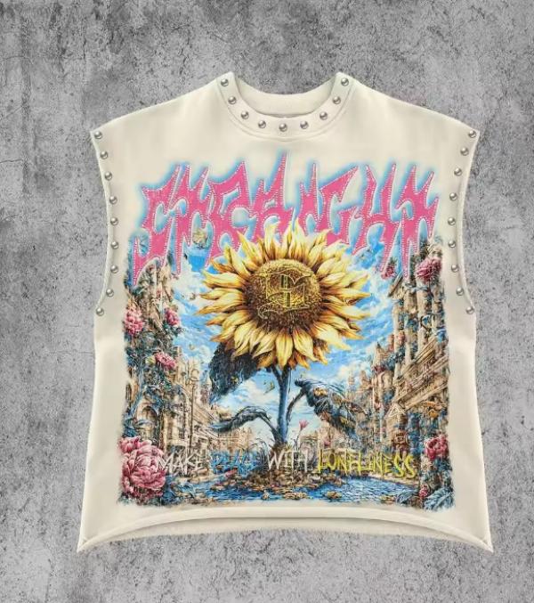 Y2K popular round neck vest retro punk hip-hop loose print Pure top classic loose sleeveless T-shirt