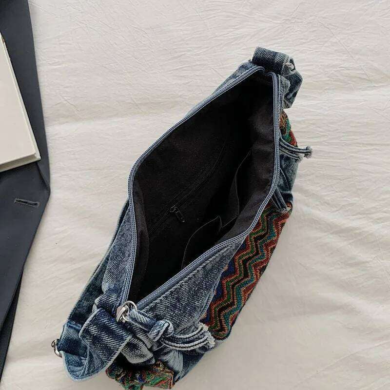 Ethnic Style Denim Tote Women 2025 Embroidery Handbag Large Capacity Crossbody Purse Boho Shoulder Bag for Ladies XJ260129