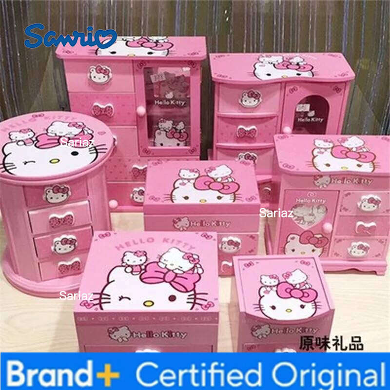 Sanrio Kawaii Hello Kitty Cartoon Pink Storage Children Jewelry Music Cosmetic Box Wooden Bedside Cupboard Gift H260129