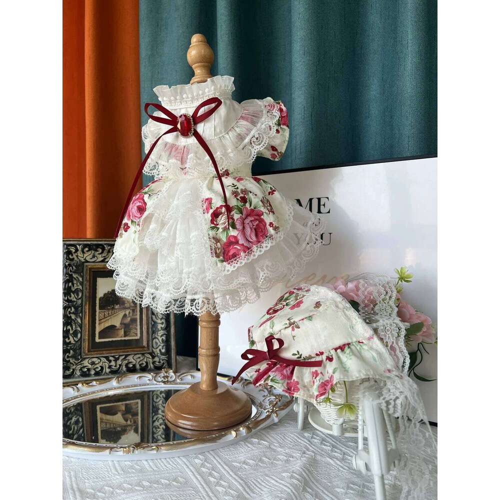 Fine Handmade Cotton Lace Pet Clothes Fashion High-end Flower Print Crystal Bow Princess Dress For Small Medium Dog Poodle H260130