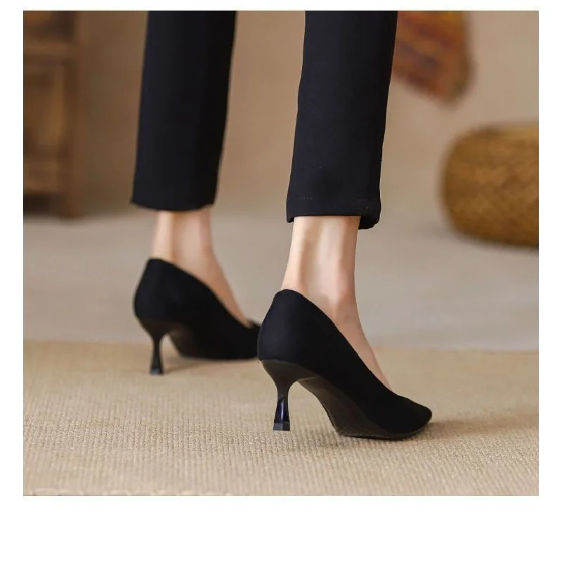Spring/Autumn Womens Suede Pointed Toe Stiletto Flats - Black Shallow-Cut Work Shoes Fashion Elegant High Heels 260123