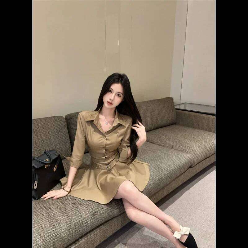 Stylish Hot Girl ollar Three Quarter Sleeve Single Breasted Waist Shirt Design Slimming Dress XJ260130