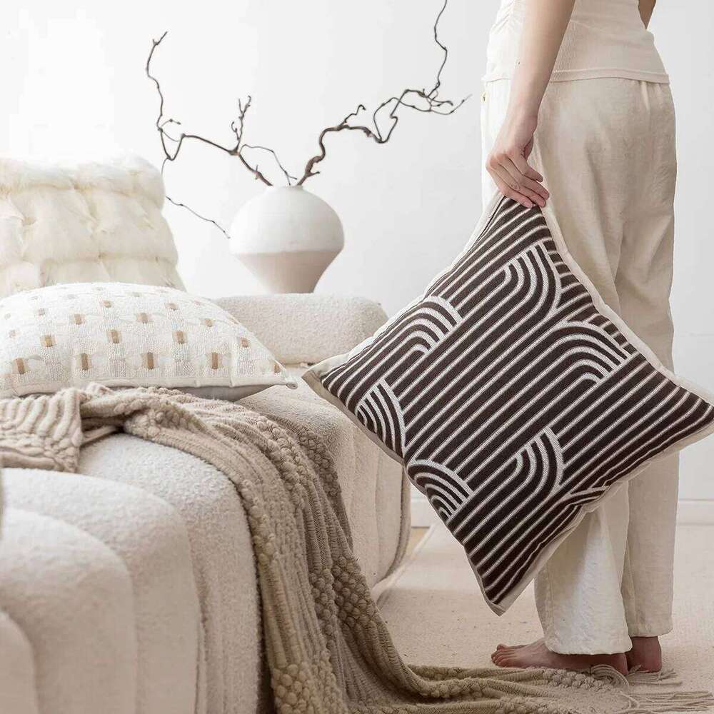 Pillow Case Beige Brown Striped Jacquard Cushion Light Luxury Wabi-Sabi Home Decor Cover Living Room Pillow Cases
