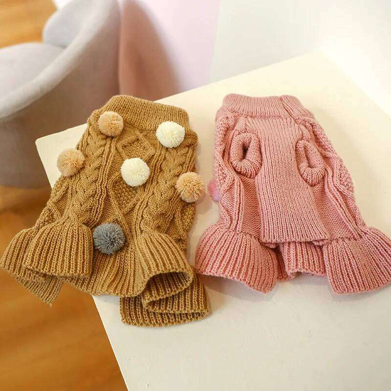 Pink Brown Winter Dog Sweater Skirt Knitwear Soft Warm Ball Cat Clothes Coat Small Yorkie Chihuahua Pet Clothing Puppy Hoodie H260129