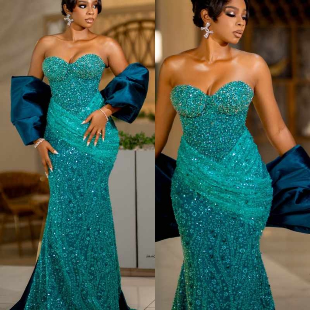Glamorous Sequined Evening Gown Crystals Beading Sweethear Neck Guest Prom Gown With Big Bow Customized
