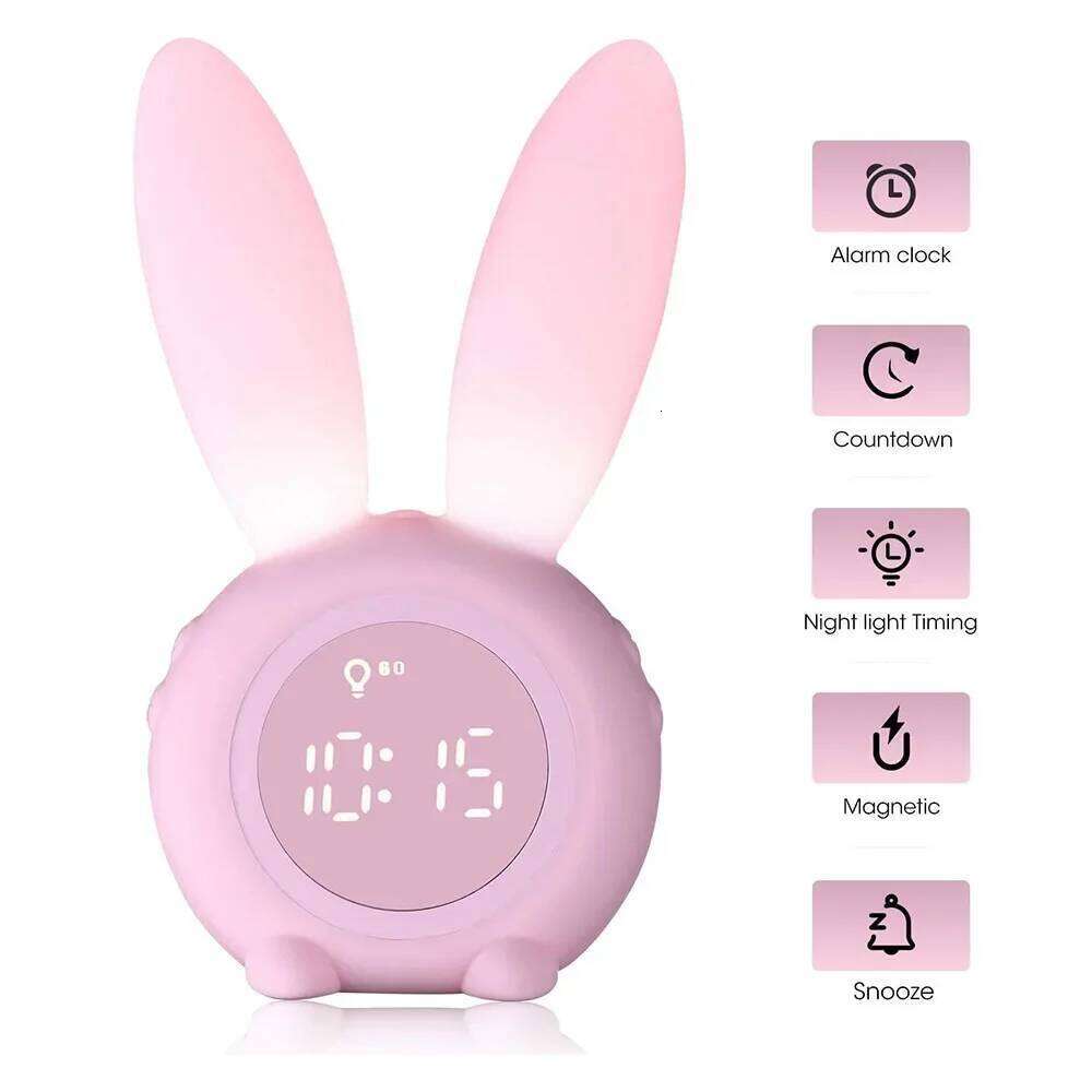 Bunny Ear Digital Alarm Electronic LED Display Sound Control Cute Rabbit Night Lamp Snooze Desk Clock Home Decoration W260130