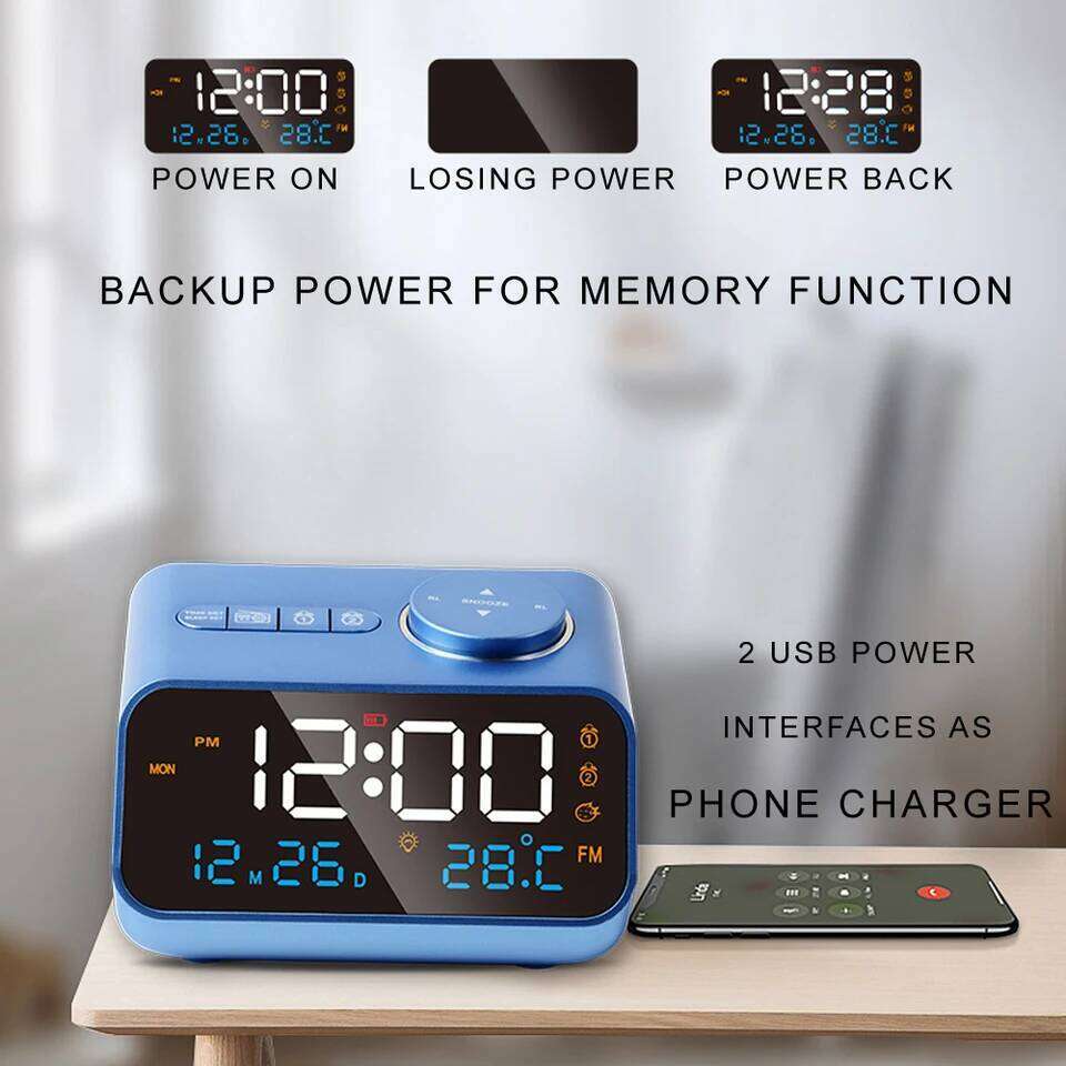 Mordern FM Radio LED Alarm Clock for Bedside Wake Up. Digital Table Calendar with Temperature Thermometer Humidity Hygrometer. W260130