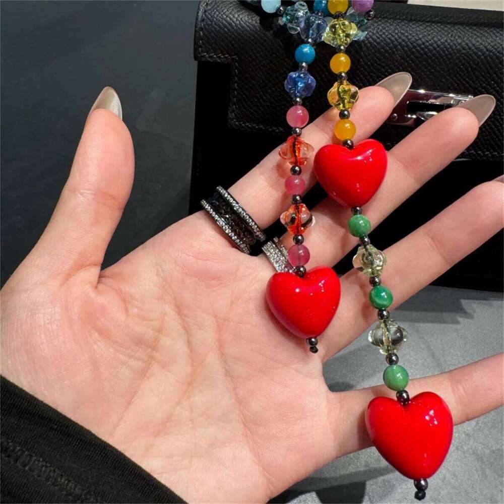 Small and trendy versatile red heart pendant chain macaron color keychain bag charm Z260130