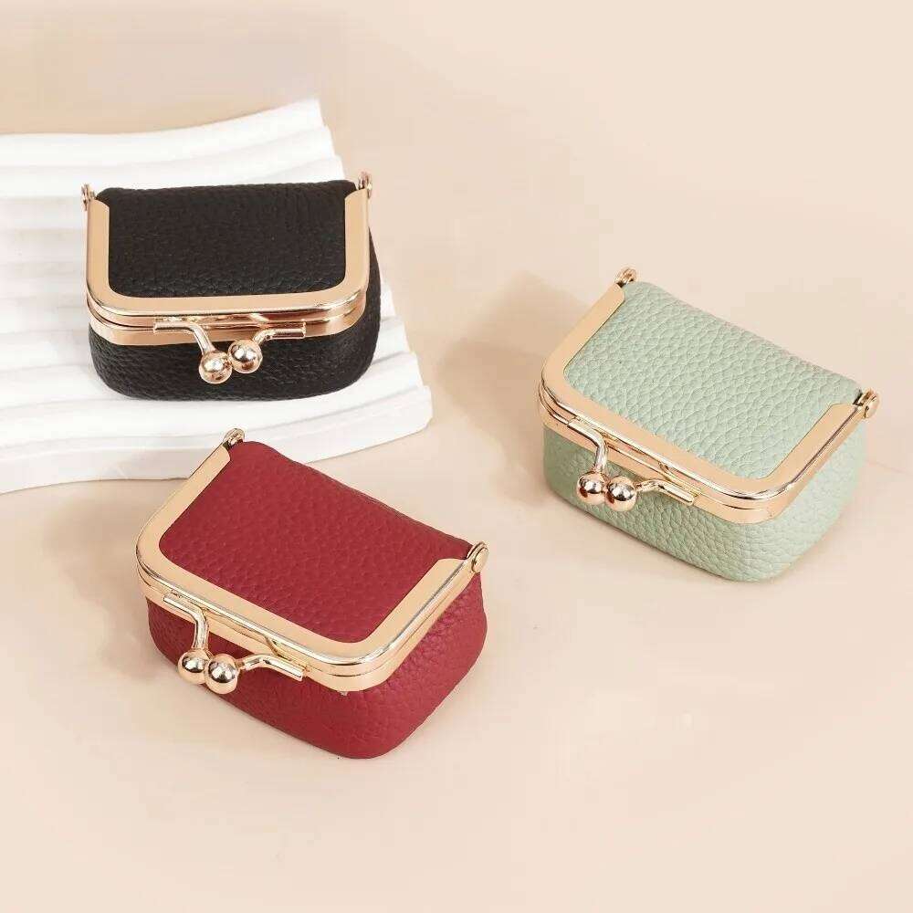 Genuine Kiss Lock Coin Purse Square Solid Color Leather Jewelry Mini Multifunctional Small Item Bag Earrings Z260130