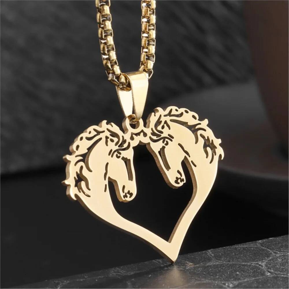 Hiphop Hollowed Out Horses Pendant Necklace For Men Women Rock Punk Gold Color Stainless Steel Box Neck Chain Jewelry Gifts