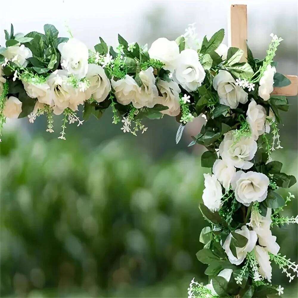 2.2M Artificial Rose Vine with 10 Blooms White pink Faux Floral Hanging Decor for Wedding Indoor Durable Plastic Plant W260130