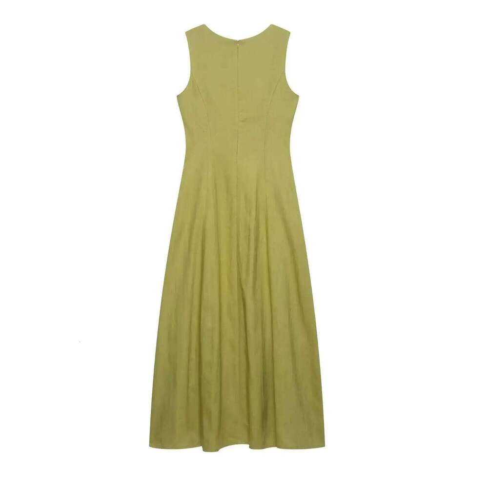2025 Summer Elegant Women Fashion Solid Square Collar Sleeveless Single Breasted Dress Ladies Vacation Green Spilt Dresses XJ260130