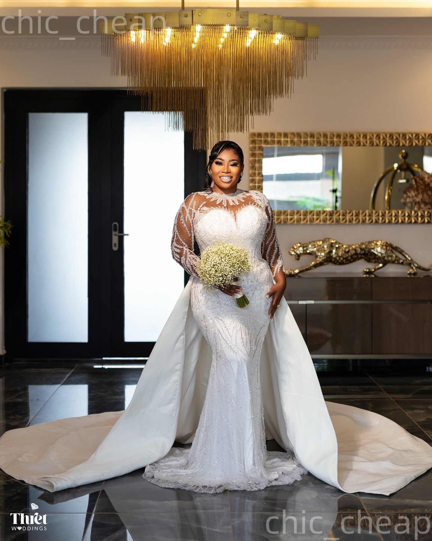 African Aso Ebi 2026 Ivory Mermaid Wedding Dress Crystals Beaded Sequined Lace Full Sleeves Detachable Train Vintage Bridal Gowns Dresses ZJ234