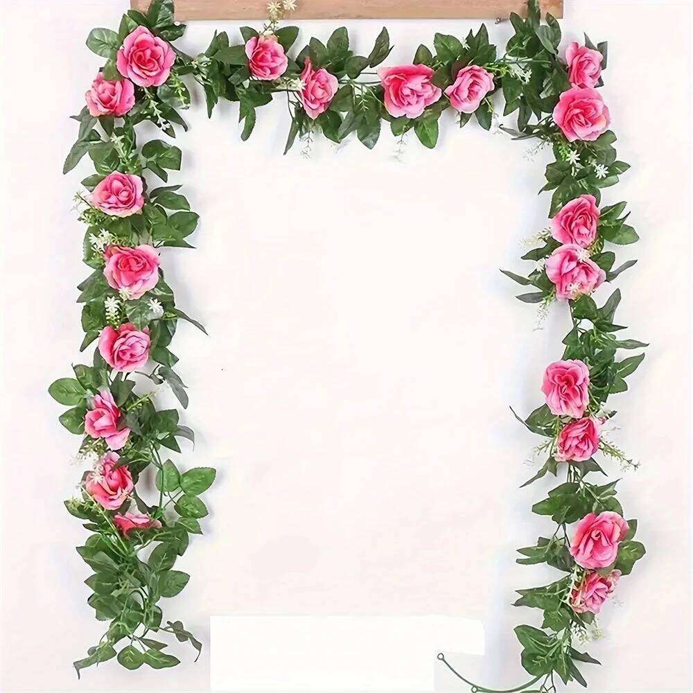 2.2M Artificial Rose Vine with 10 Blooms White pink Faux Floral Hanging Decor for Wedding Indoor Durable Plastic Plant W260130