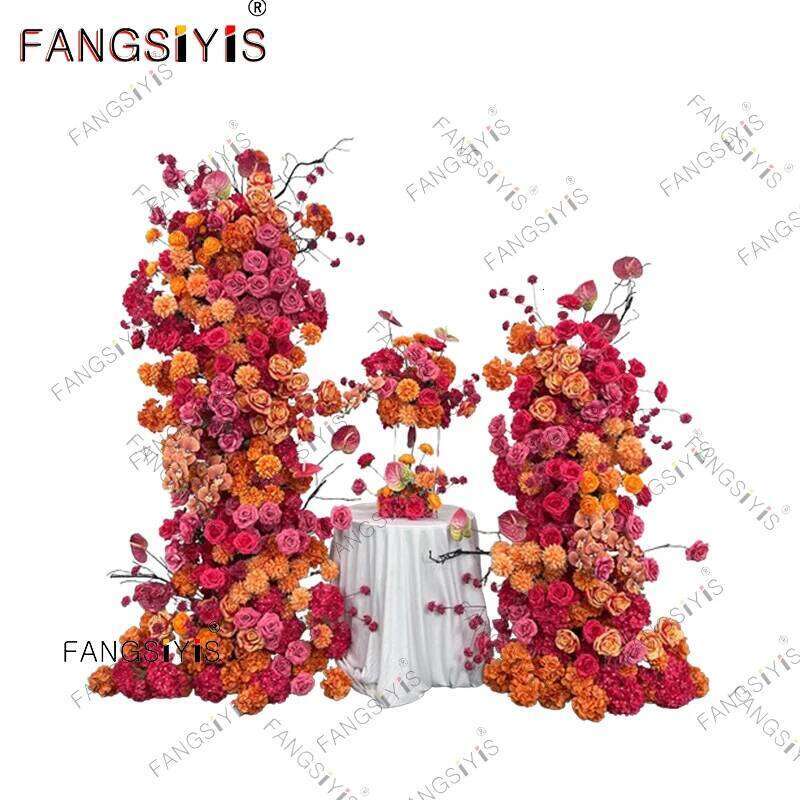 Wedding Backdrop Arch Flower Runner,orange-red,Hydrangea,Rose,KT Board Decor Floral Row Arrangement,Event Party Props Display W260130