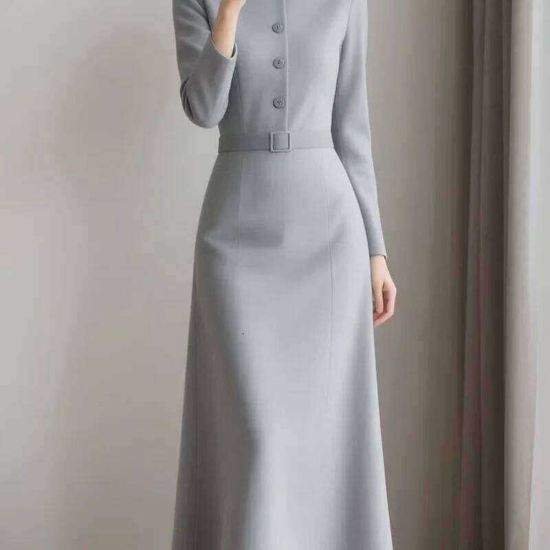 New Elegant Simple Dress Women Autumn Fashion O-Neck Sleeve Slim A-line Long Drsss Casual Office Lady Beautiful Dresses XJ260130