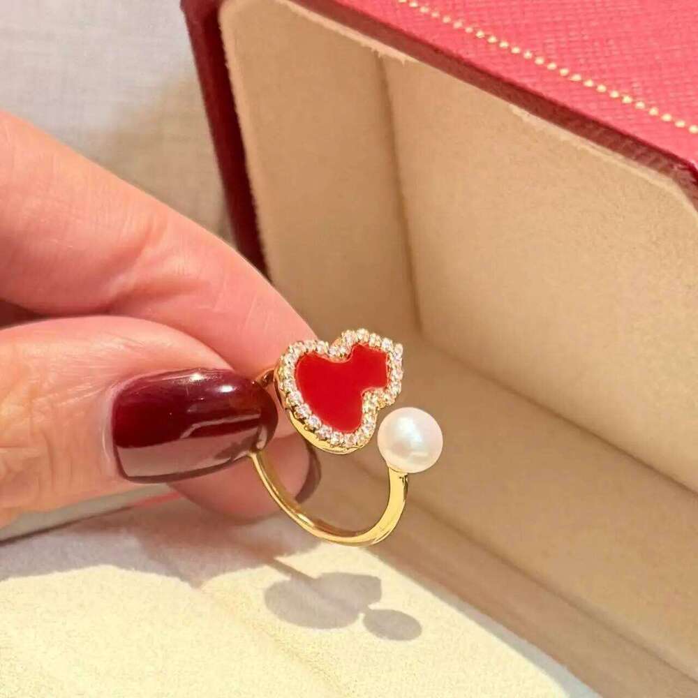 High-Quality Natural Freshwater Pearl 14K Gold-Plated Red Gourd Fu Lu Ring Celebratory Jewelry for New Year