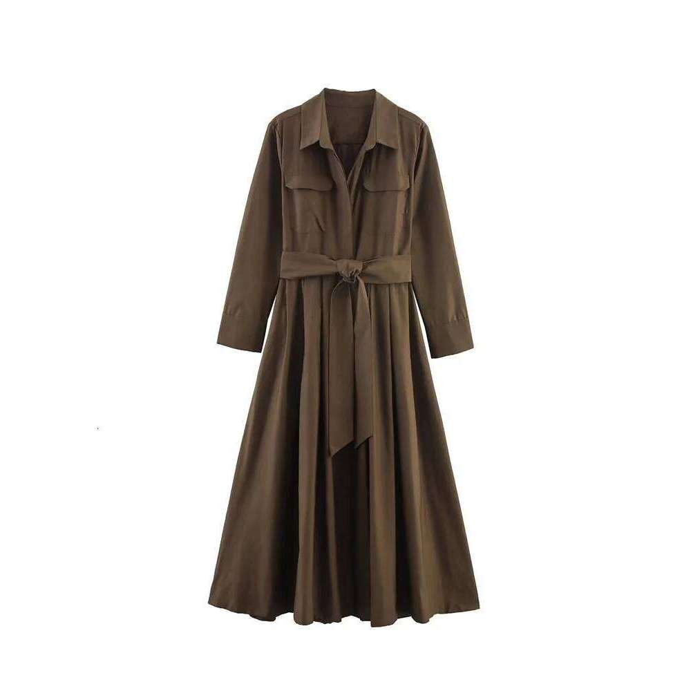 Women Long Sleeve Shirt With Belt Autumn 2025 Fashion Retro Elegant Luxury Button Midi Dresses OL Commuting Clothes XJ260130