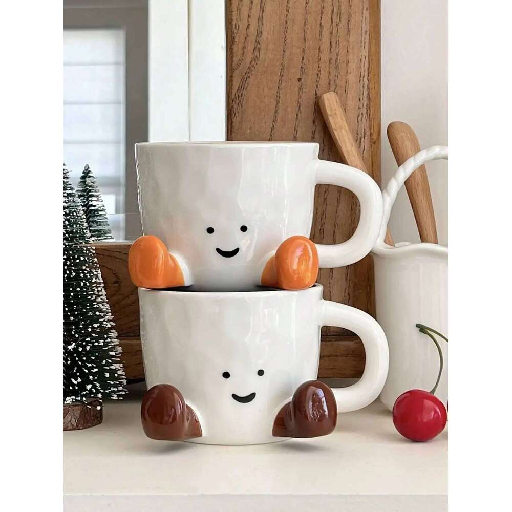Happy Mug Handle Ceramic Coffee Cup Charming Face With Cute Feet Water Cups Birthday Gifts Office & Home Decor