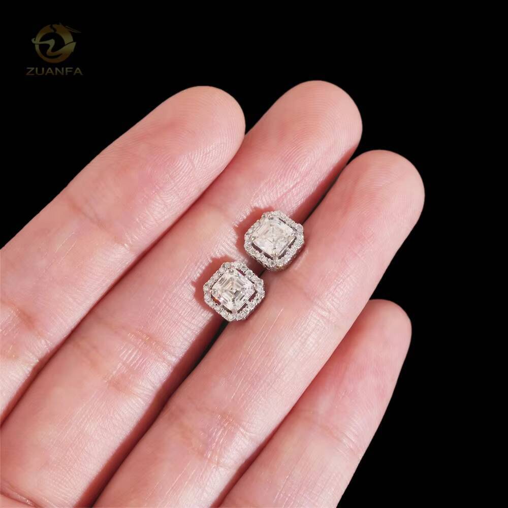 Wholesale Price Hip Hop Halo Asscher Cut Gemstones VVS Moissanite Silver Men Gold Plated Earrings