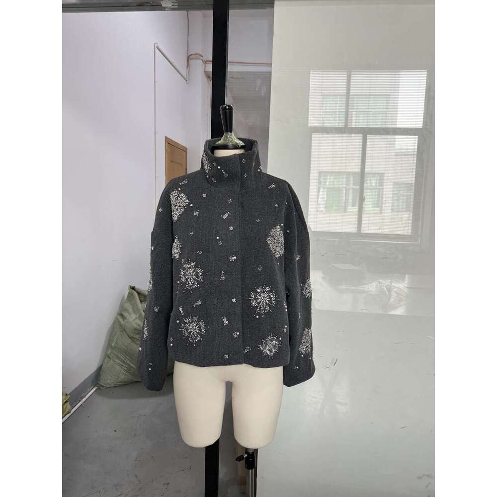European and American Cross-Border Autumn Winter Women's Jacket, Unique Street Style Loose Single-Breasted Stand Collar Sequin Jacket