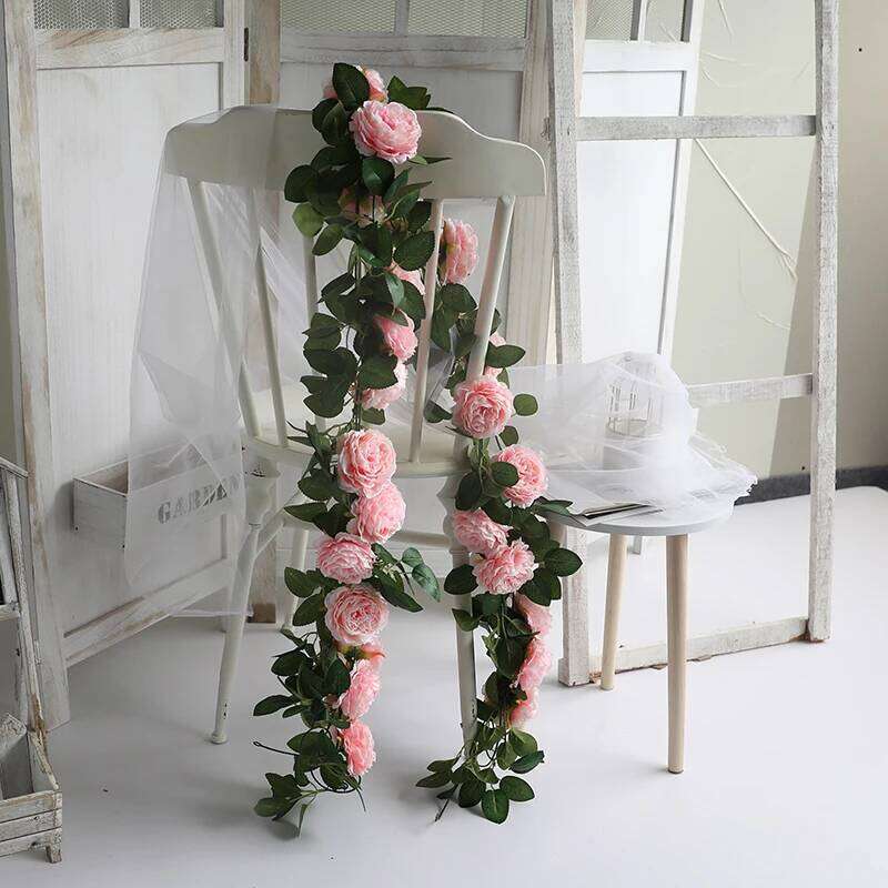 Pink Silk Peony Rose Flower Artificial Ivy Rattan Wedding Party Wall Hanging Garland Home Garden Decoration Green Plants Y260130
